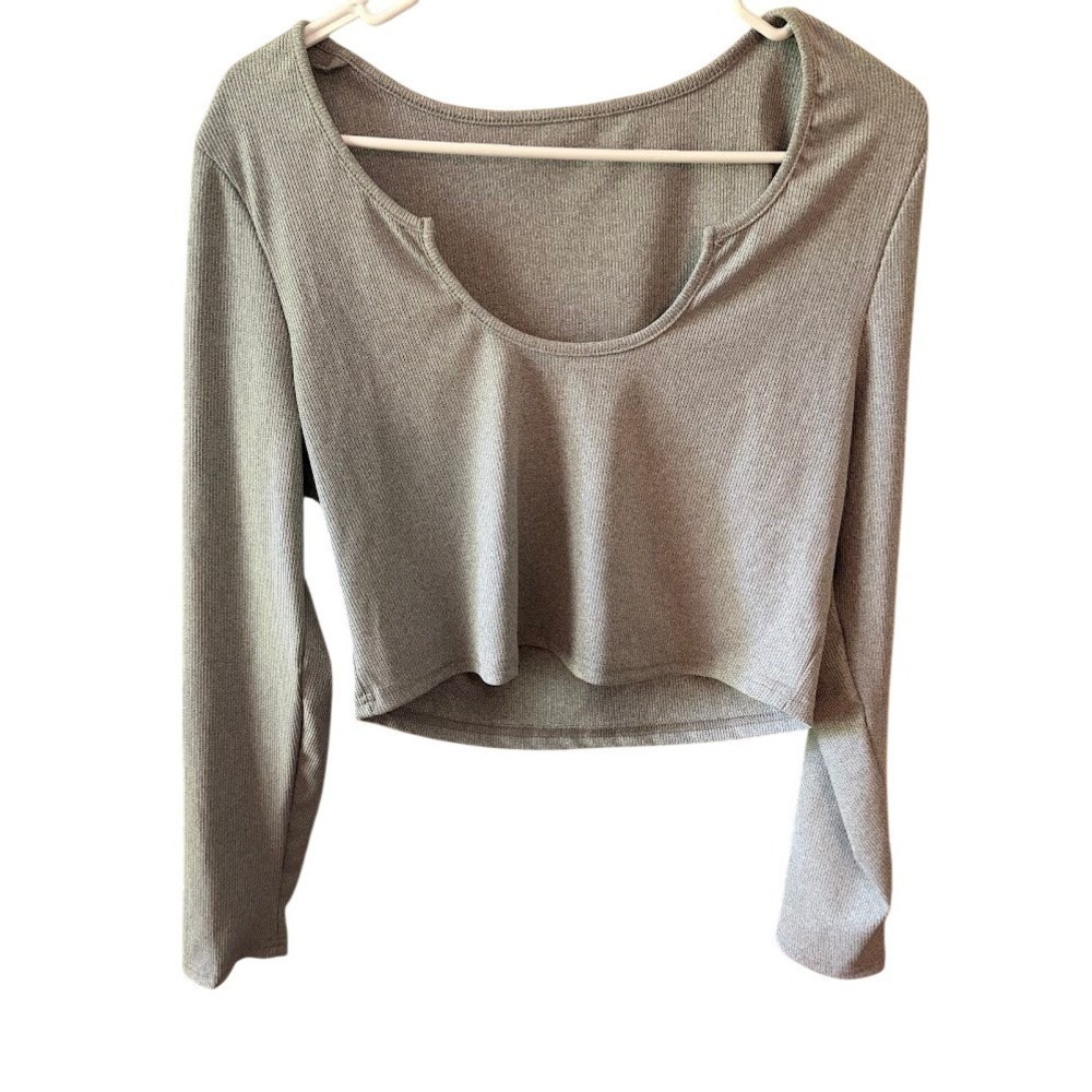 Shein Curve Olive Green Ribbed Long Sleeve Notched Scoop Neck Crop Top 0XL
